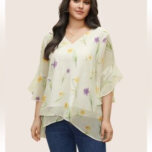 BloomChic Plus Size 2XL Floral Tiered Mesh Asymmetrical Hem Blouse us18-20